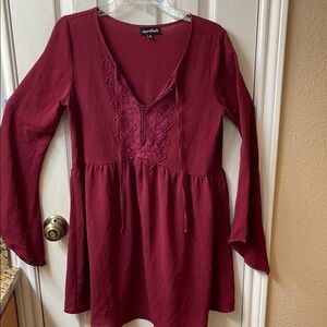 Burgundy Long Sleeve Dress with Lace Detail